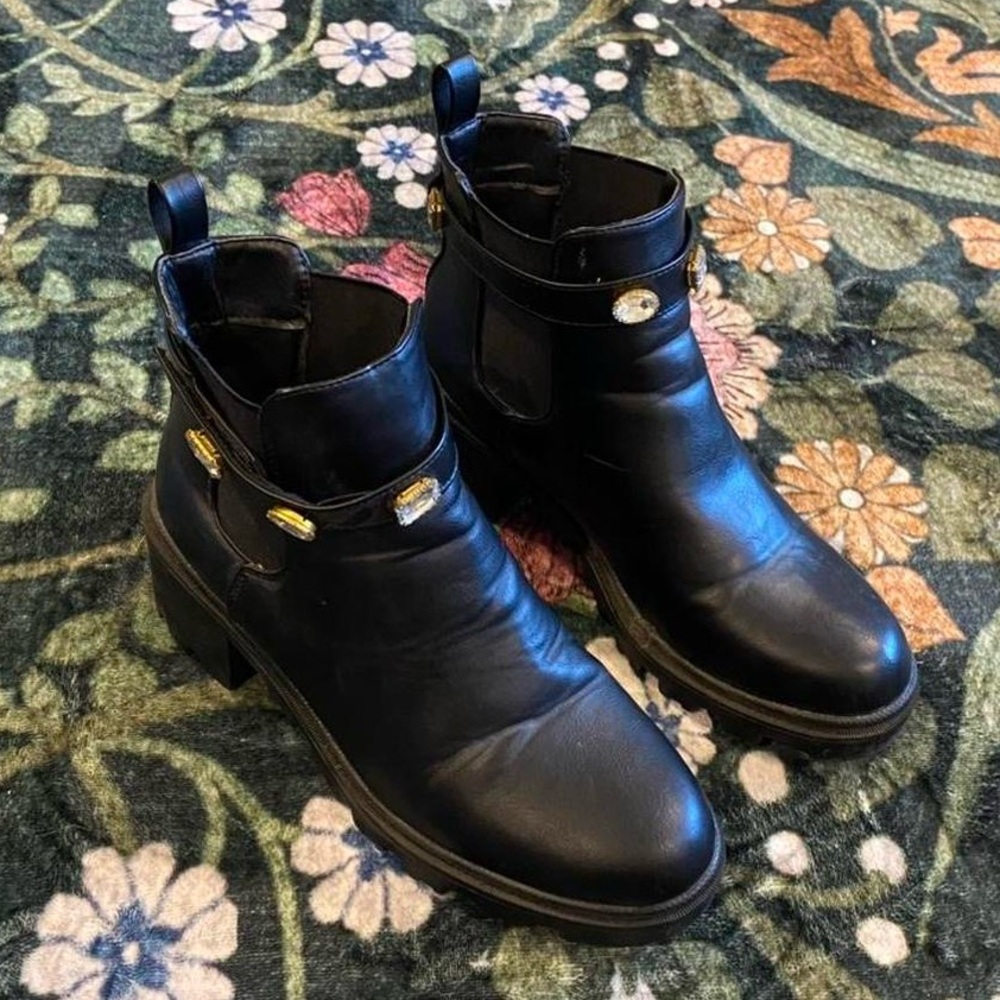 Black Leather Ankle Boots with diamond Accents